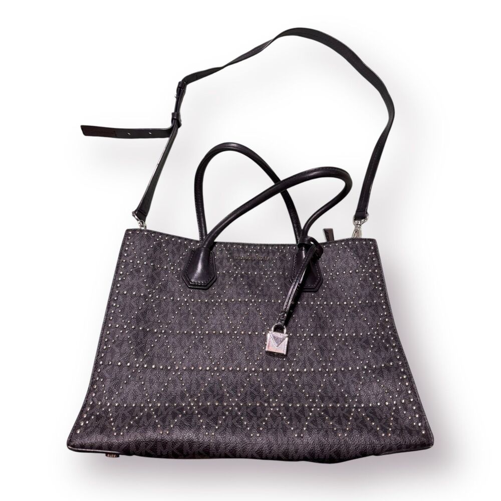 Michael Kors Mercer Bag/Crossbody Accordion Studded Black Grey‎ Silver Logo